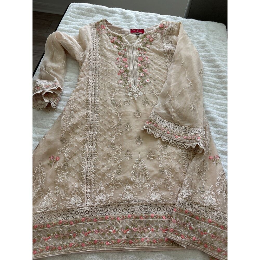 Roop Sari Palace Pakistani Embroidered Kurta Tunic Size S Blush Fully Lined - Picture 6 of 12